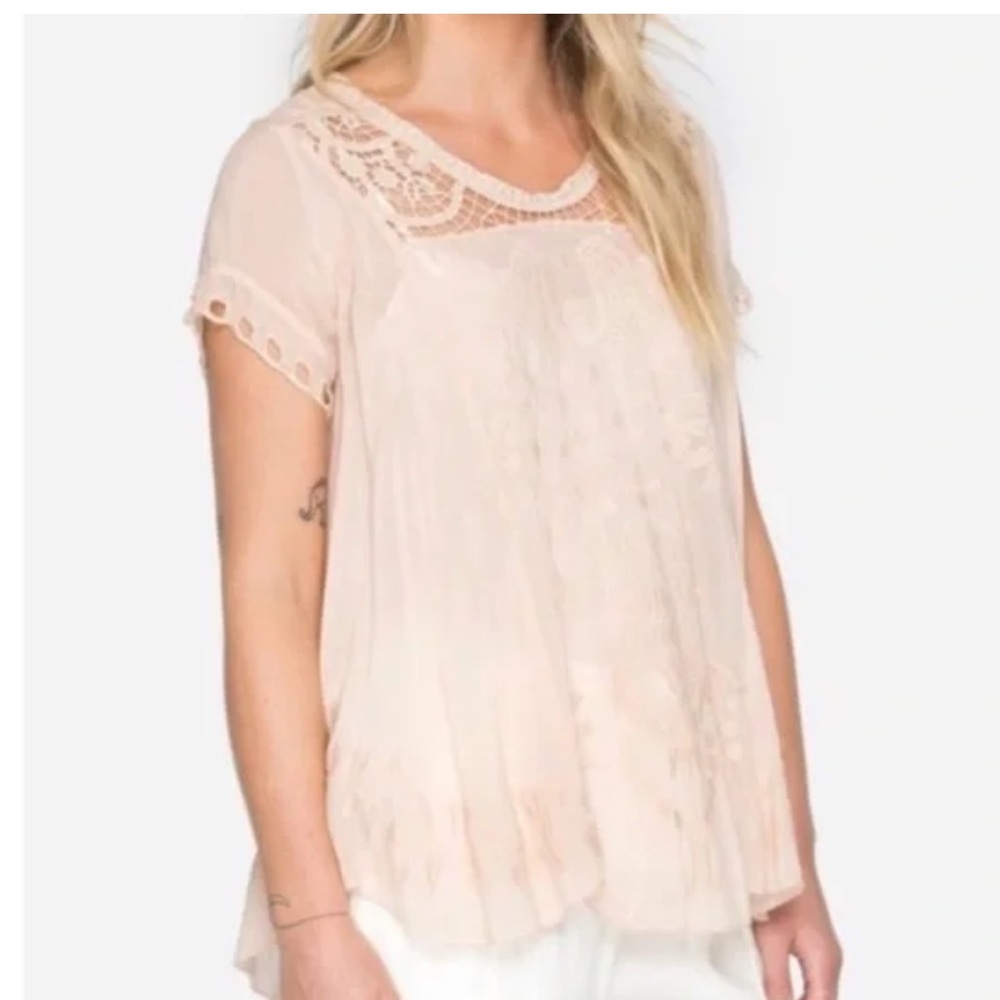 Johnny Was Mel rose Soft Pink Lace Blouse oversized size XS